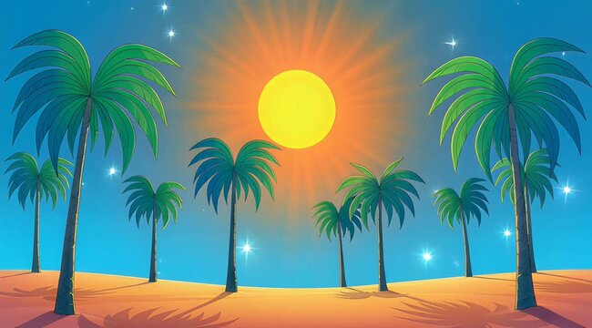 Tropical sunset over a sandy beach lined with palm trees and a tranquil sea.