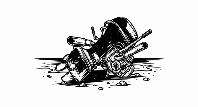 A black and white illustration of a boat motor on the shore with a propeller visible