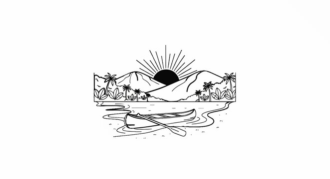 A canoe with oars floats on a river with a mountain landscape and sun