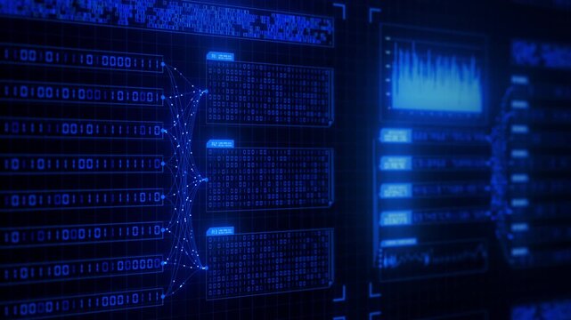 Move by Abstract blue big data flow visualization of binary neural network learning process. Quantum computing of artificial intelligence. Futuristic digital ai technology algorithm of data stream.