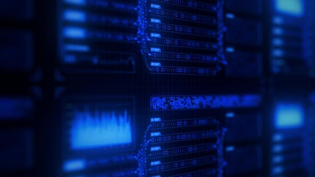 Move by Abstract blue big data flow visualization of binary neural network learning process. Quantum computing of artificial intelligence. Futuristic digital ai technology algorithm of data stream.
