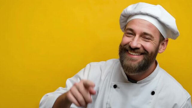 Toque's male chef is pointing with his finger.
