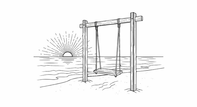 Wooden swing set by ocean with sun rising over the water