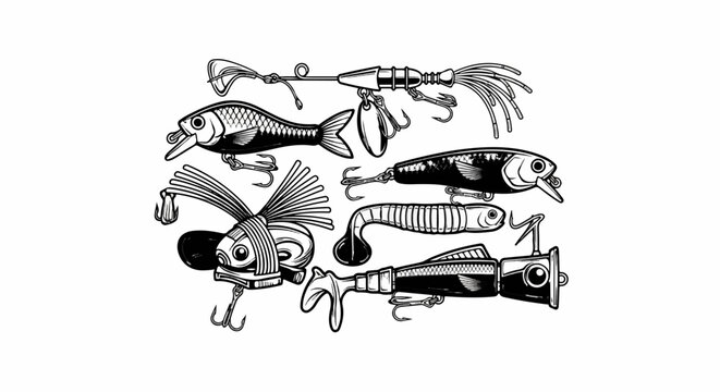 A black and white illustration of various fishing lures