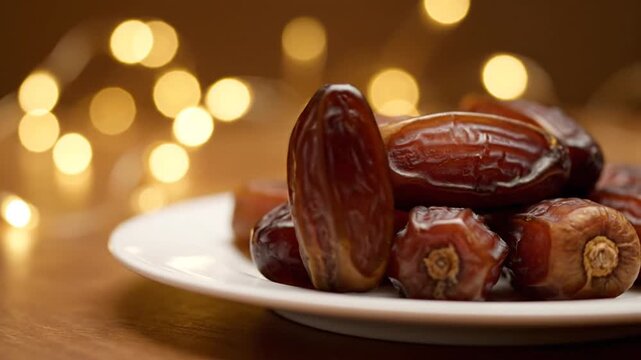 Close up of dates on a white plate with soft bokeh background