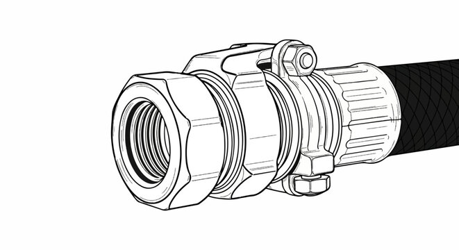 A metal fitting connects a threaded coupling to a hose clamp securing a textured hose