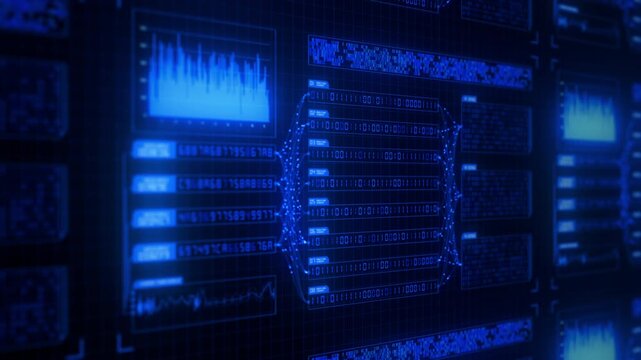 Abstract blue big data flow visualization of binary neural network learning process. Quantum computing of artificial intelligence. Futuristic digital ai technology algorithm of data stream.