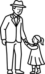 Man and girl holding hands, father and daughter concept for family relationship, love, care, parent. Minimalist vector illustration