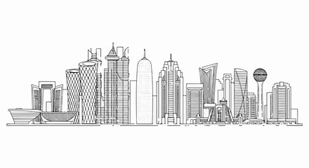 Obraz premium A detailed line drawing depicts a modern city skyline with unique architectural designs
