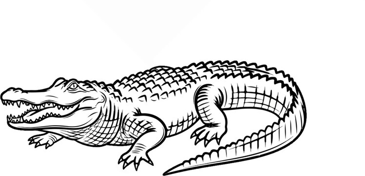 A black and white sketch of an alligator with its mouth open