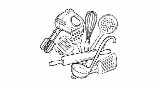 Collection of assorted kitchen utensils including a whisk, mixer, and rolling pin