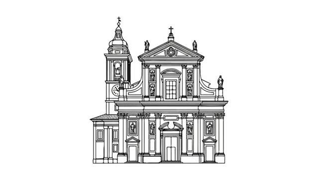 Detailed black and white line drawing of a grand church facade with a bell tower
