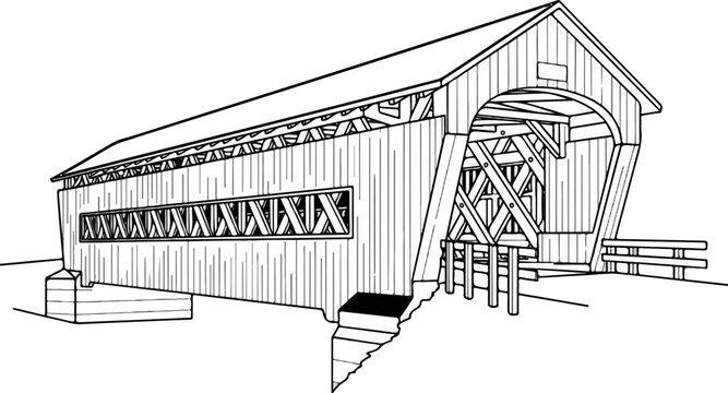 Black and white drawing of a wooden covered bridge with intricate structural beams