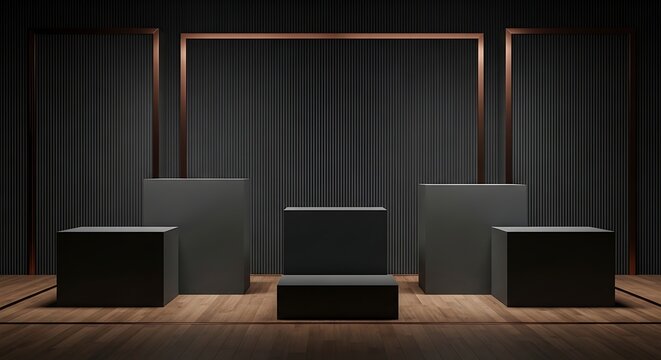 Dark minimalist stage with geometric shapes and a golden frame, perfect for product display.