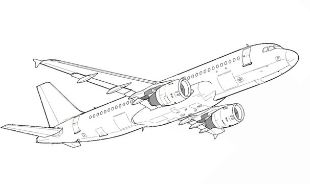 Outline drawing of a twin-engine jet airliner in flight