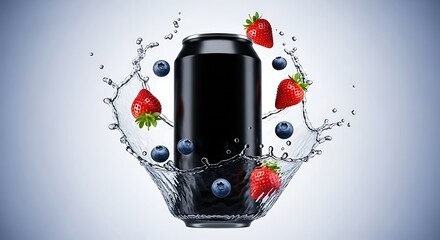 Naklejka premium Refreshing Berry Splash - Black Can Surrounded by Water, Strawberries, and Blueberries.