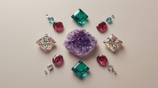 luxury gemstone collection arranged in symmetrical layout on elegant neutral background, raw diamond crystal, emerald stone, ruby gem, sapphire