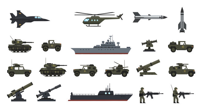 Military Equipment and Vehicles Icon Set, Flat Army Warfare Vector Illustration