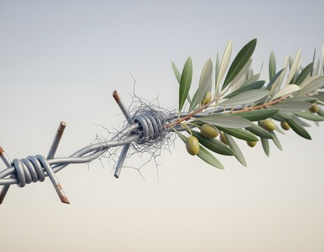 Conceptual 3D Illustration of Rusted Broken Barbed Wire Transforming Into Fresh Green Olive Branches Symbolizing Peace Freedom and End of Conflict