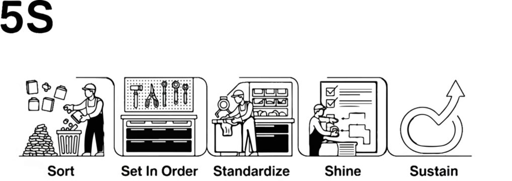 Line art illustrates the five steps of the 5S methodology for workplace organization