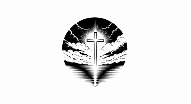 Stylized cross emitting light through clouds and water