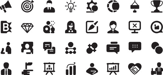 Containing marketing, product, brand value, design, logo, brand development, social media, advertising and loyal customers silhouette icon set © Hasho 