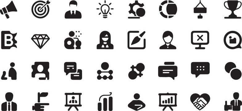 Containing marketing, product, brand value, design, logo, brand development, social media, advertising and loyal customers silhouette icon set