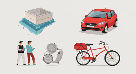 Collection of vehicles, construction, and people on a light background