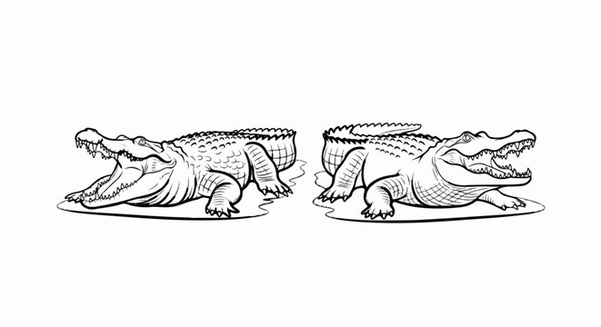 Two detailed line art crocodiles with open jaws, resting on water