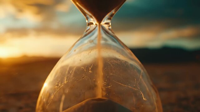 Dramatic cinematic view of an hourglass sitting on cracked desert ground during a vibrant golden sunset, symbolizing the passage of time and the fleeting nature of life.