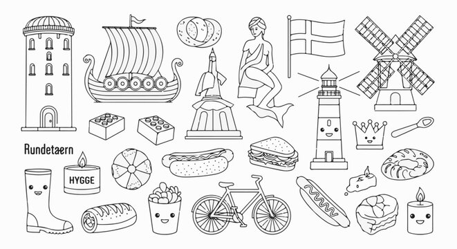 Whimsical collection of Danish landmarks, food, and playful objects