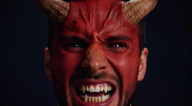 Intense close-up of a horned man expressing fury and anger.