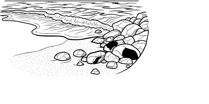 Black and white sketch of a sandy beach with rocks and waves