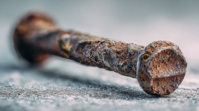 macro photography of a rusty nail, detailed rust textures, metal flakes and corrosion patterns visible, soft blurred industrial background, dramatic