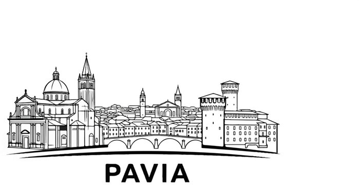 A sketch of the Pavia skyline with its historic buildings and a bridge over the river