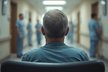 AI Generative Create a detailed scene of a senior man in a hospital corridor with healthcare
