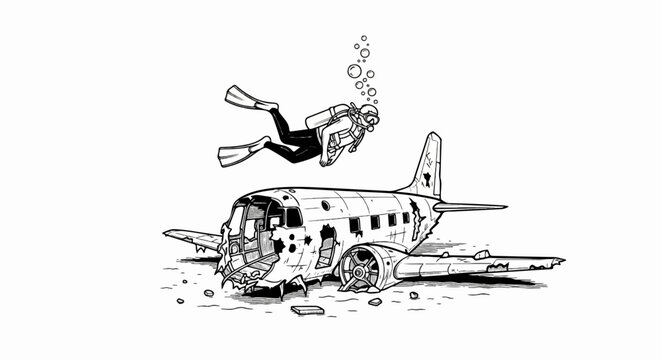 A diver explores a wrecked airplane on the ocean floor