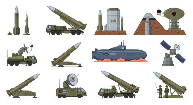 Military Missile Defense System and Ballistic Weapons Technology Vector Illustration Set