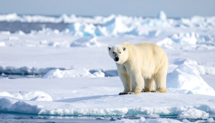White polar bear stands on ice floe, amidst an arctic landscape of snowy hills and blue water