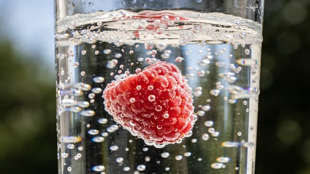 Close-up of frozen raspberry dropping into sparkling soda with bubbles in glass