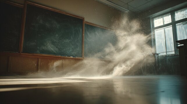 Dust motes illuminated in old classroom sunlight