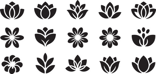 flower shape vector, floral icon set, flowers vector silhouette, symmetrical floral patterns, lotus, petals, abstract blossoms, nature design  silhouette icon set © Hasho 