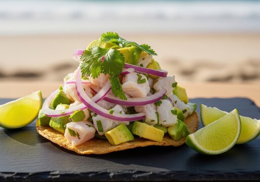 Ceviche on a tostada with avocado, red onion, and lime on a black slate plate at the beach