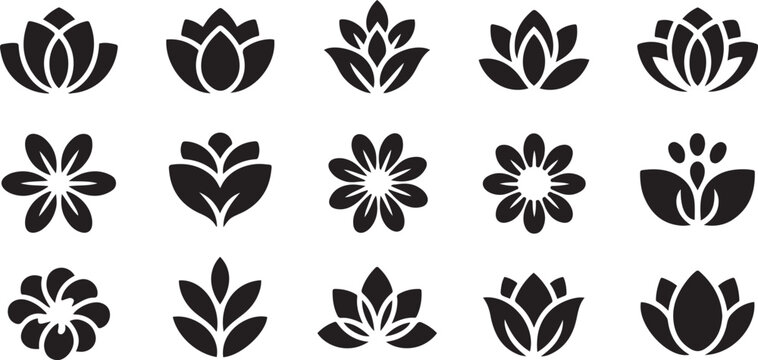 flower shape vector, floral icon set, flowers vector silhouette, symmetrical floral patterns, lotus, petals, abstract blossoms, nature design  silhouette icon set