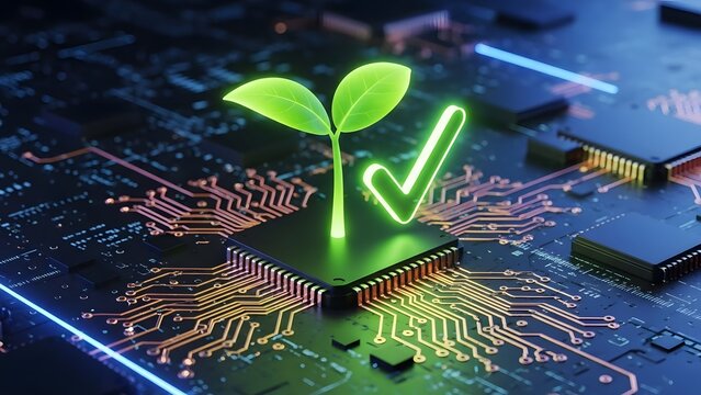 Sustainable technology and green computing solutions. Eco friendly hardware and carbon footprint reduction. Green plant sprout growing from a computer processor on a circuit board.