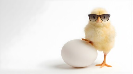 A cool chick wearing sunglasses stands next to a large easter egg on a plain surface