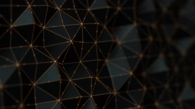 Abstract black triangular moving mesh with a golden lines and points. Nano quantum process visualization. Ai data digital information layer. Technology concept.