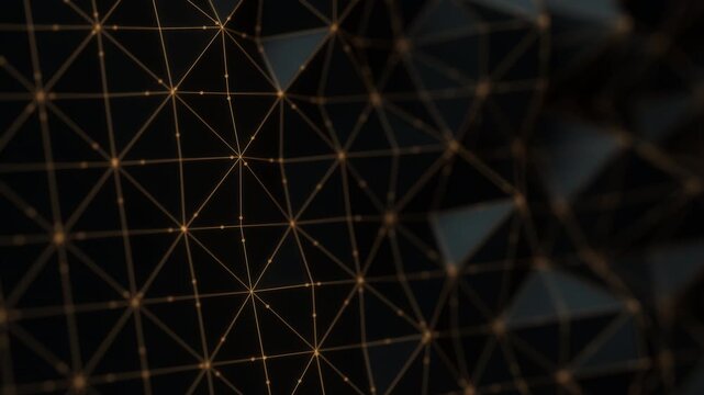 Abstract black triangular moving mesh with a golden lines and points. Nano quantum process visualization. Ai data digital information layer. Technology concept.