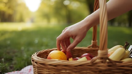 AI Generative Create a Vibrant Scene of a Hand Picking Fresh Fruit from a Basket in a Park