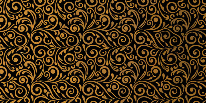 Elegant black background adorned with swirling golden floral patterns